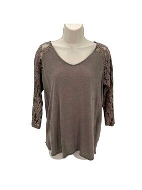 Forever 21 Essentials Womens 100% Linen Brown Top W/ Lace 3/4 Sleeves Size M